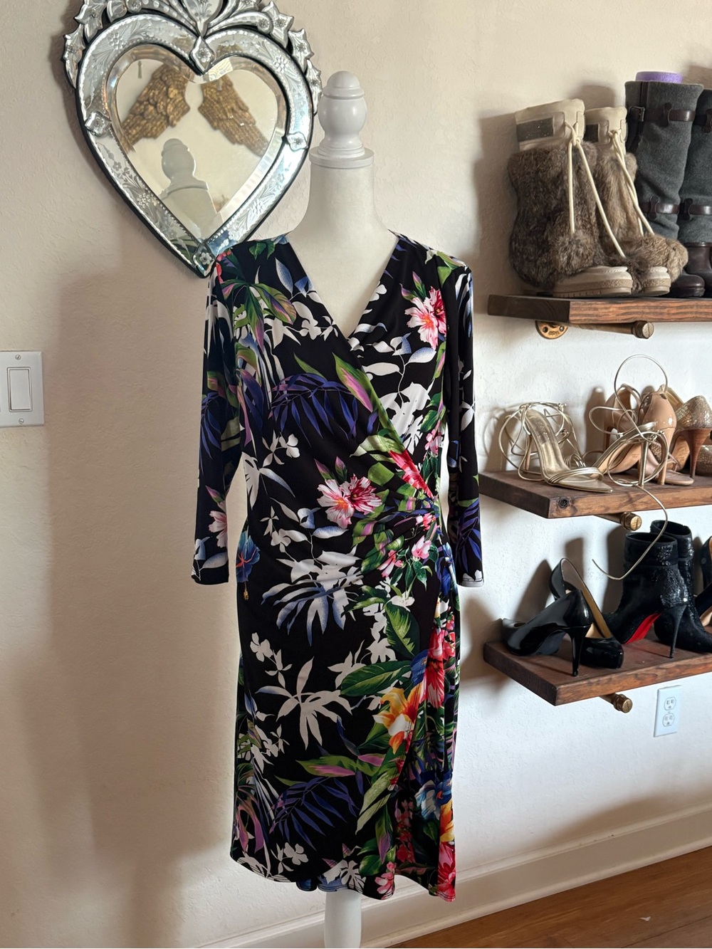 Tommy Bahama Black Tropical Floral Midi Wrap Dress